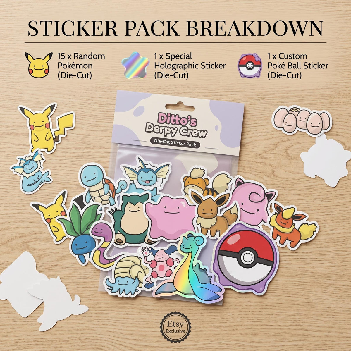 DITTO'S DERPY CREW: The Collection - 15 Die-Cut Pokémon Stickers - Vinyl Decals for Laptops & Journals | Cute Ditto Pokémon Stickers