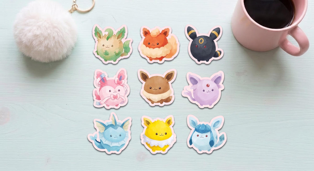 Eevee & Eeveelutions Round Sticker Pack | Chubby Watercolor Pokémon Decals | 9-Piece Set | Standard or Holographic