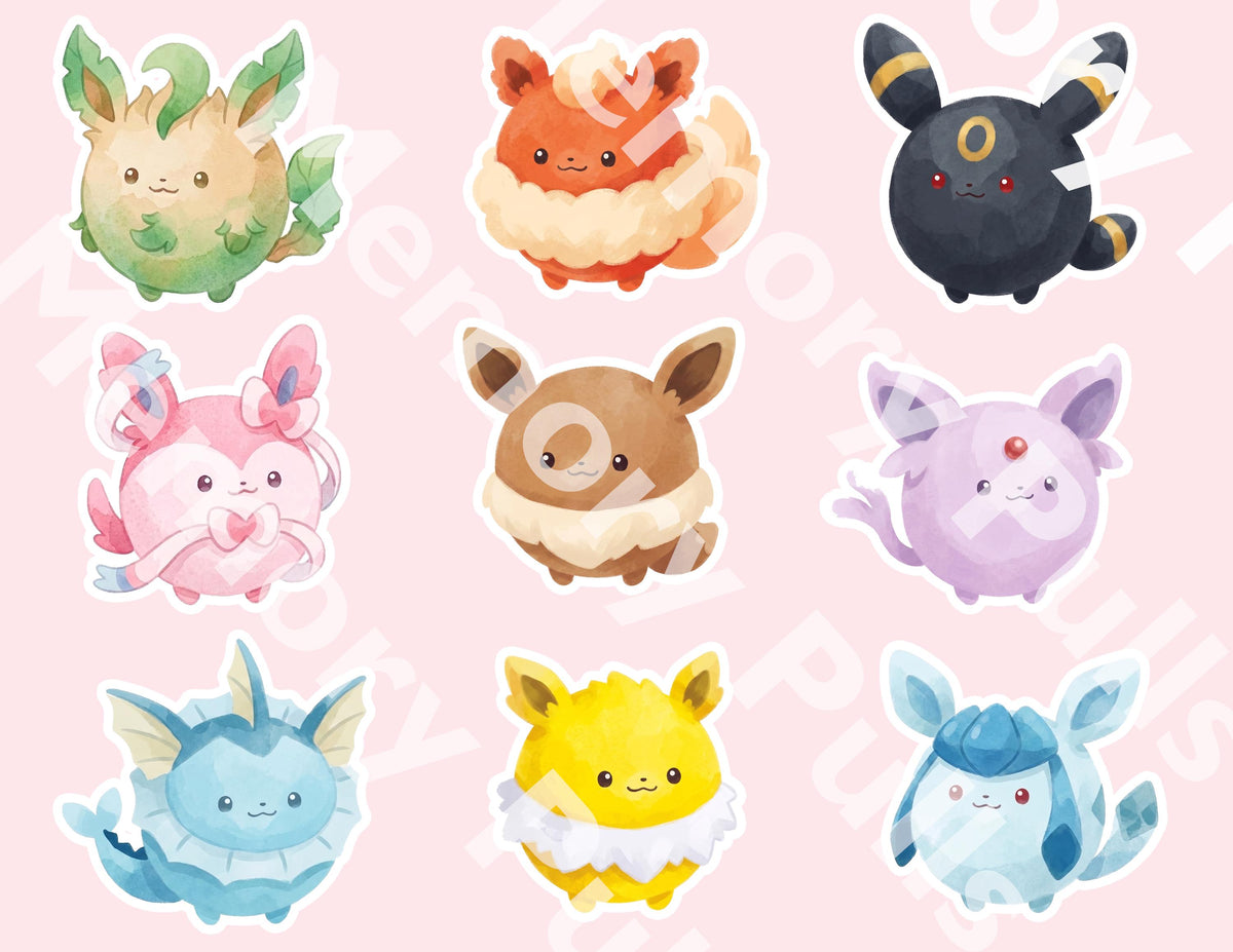 Eevee Eeveelutions Round Sticker Pack – Chibi Kawaii Planner PNGs (Digital Download)