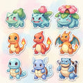 Kanto Starters Cute Sticker Pack | Chibi Watercolor Pokémon Decals | 9-Piece Set | Classic Evolutions