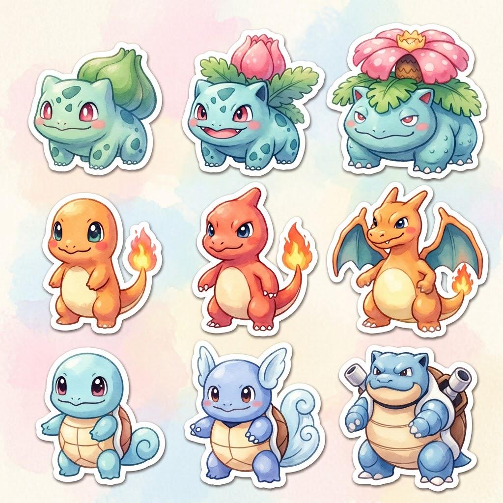 Kanto Starters Cute Sticker Pack | Chibi Watercolor Pokémon Decals | 9-Piece Set | Classic Evolutions