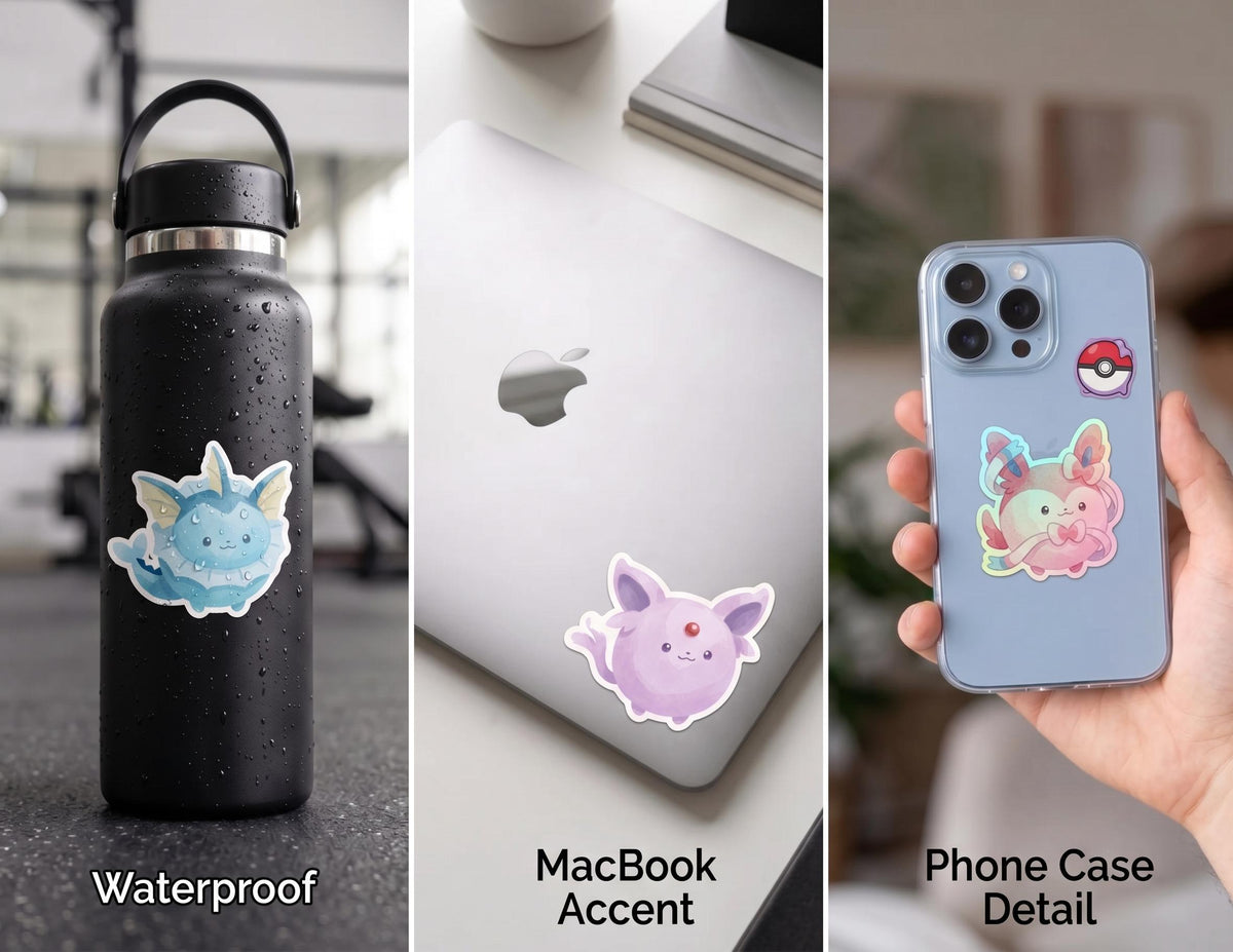Eevee & Eeveelutions Round Sticker Pack | Chubby Watercolor Pokémon Decals | 9-Piece Set | Standard or Holographic