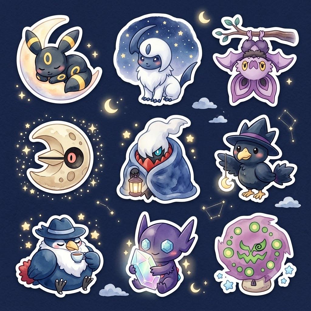 Midnight & Spooky Cute Sticker Pack | Chibi Watercolor Pokémon Decals | 9-Piece Set